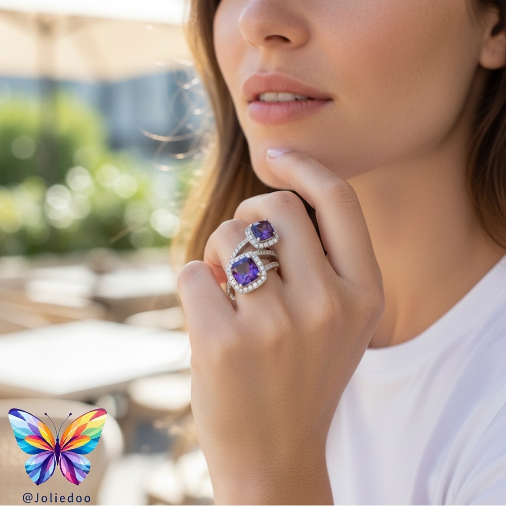 Elegant Double Purple Stone Women's Ring Size 7 Silver 925